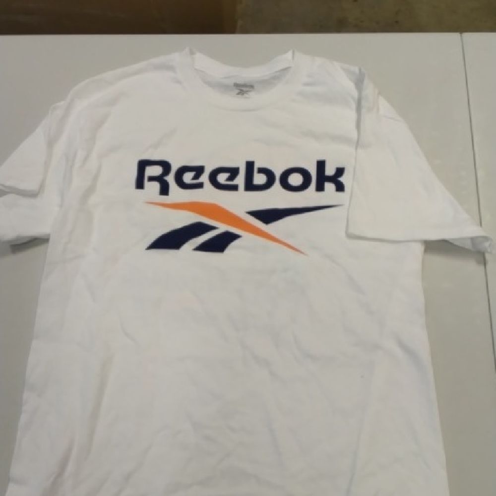 Reebok White Tee with Navy and Orange Logo Basketball On Back
